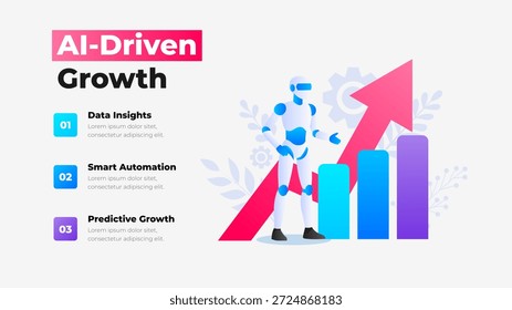 Ilustración del crecimiento empresarial impulsado por la inteligencia artificial con robot y análisis de datos