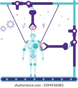 artificial intelligence driven humanoid robot skeleton building concept, brain and muscle grafting vector icon design, robotic science symbol, special purpose machine sign, Cyborg stock illustration