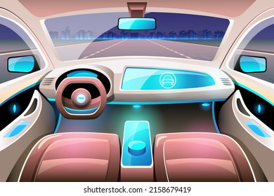 Artificial Intelligence Driverless Safety System with HUD Interface in Cockpit of autonomous car. Vehicle interior driverless car, driver assistance system, ACC (Adaptive Cruise Control)