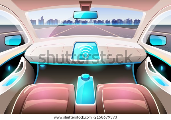 Artificial Intelligence Driverless Safety System\
with HUD Interface in Cockpit of autonomous car. Vehicle interior\
driverless car, driver assistance system, ACC (Adaptive Cruise\
Control)