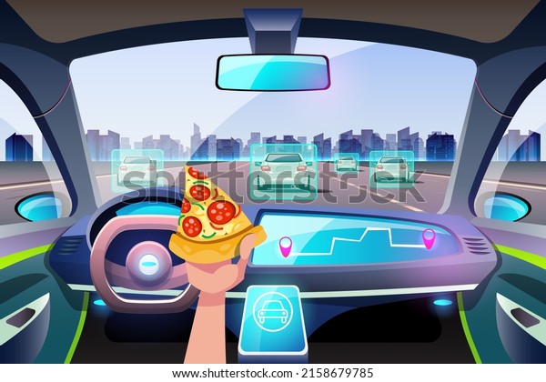 Artificial Intelligence Driverless Safety System
with HUD Interface in Cockpit of autonomous car. Vehicle interior
driverless car, driver assistance system, ACC (Adaptive Cruise
Control)