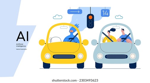 Artificial intelligence, Driving -modern flat vector concept illustration of An artificial intelligence-controlled car. Metaphor of autonomous vehicle, AI superiority and dominance concept