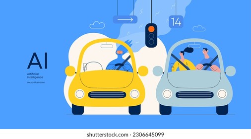 Artificial intelligence, Driving -modern flat vector concept illustration of An artificial intelligence-controlled car. Metaphor of autonomous vehicle, AI superiority and dominance concept