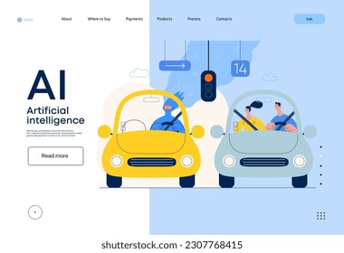 Artificial intelligence, Driving -modern flat vector concept illustration of An artificial intelligence-controlled car. Metaphor of autonomous vehicle, AI superiority and dominance concept