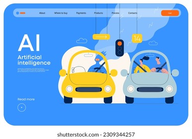 Artificial intelligence, Driving -modern flat vector concept illustration of An artificial intelligence-controlled car. Metaphor of autonomous vehicle, AI superiority and dominance concept