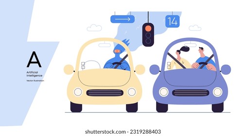 Artificial intelligence, Driving -modern flat vector concept illustration of An artificial intelligence-controlled car. Metaphor of autonomous vehicle, AI superiority and dominance concept