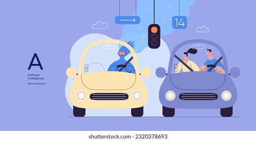 Artificial intelligence, Driving -modern flat vector concept illustration of An artificial intelligence-controlled car. Metaphor of autonomous vehicle, AI superiority and dominance concept