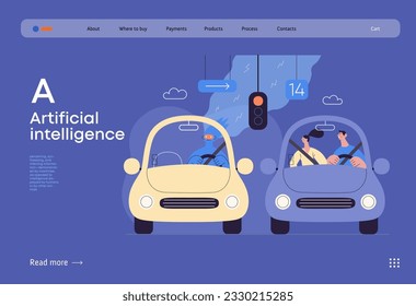 Artificial intelligence, Driving -modern flat vector concept illustration of An artificial intelligence-controlled car. Metaphor of autonomous vehicle, AI superiority and dominance concept