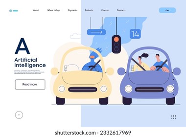 Artificial intelligence, Driving -modern flat vector concept illustration of An artificial intelligence-controlled car. Metaphor of autonomous vehicle, AI superiority and dominance concept