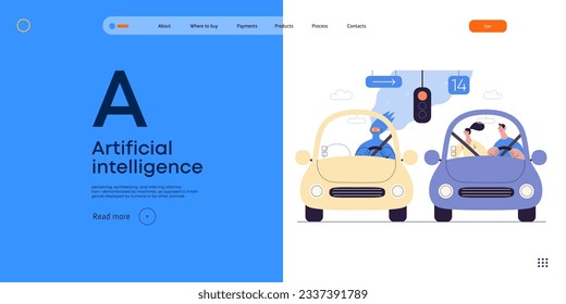 Artificial intelligence, Driving -modern flat vector concept illustration of An artificial intelligence-controlled car. Metaphor of autonomous vehicle, AI superiority and dominance concept