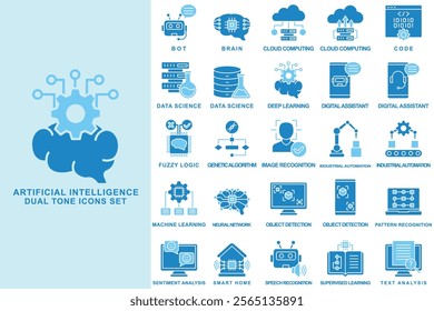 Artificial intelligence dual tone blue color icons set. contain bot, brain, could computing, data science, machine learning and more. use for modern concept, web and app development. Vector EPS 10