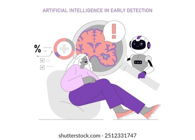 Inteligência Artificial na Detecção Precoce de Alzheimer. Mulher idosa submetida a análise de saúde cerebral assistida por IA com um médico robótico. Tema de inovação no setor da saúde. Ilustração vetorial.