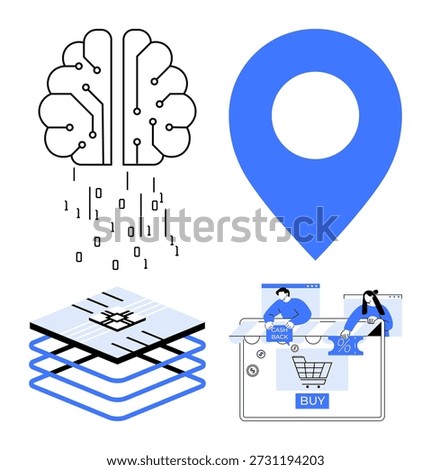 Artificial intelligence, e-commerce solutions, geolocation, data visualization, online shopping, digital transformation. Brain with binary code, map marker, layered data blocks and shopping cart