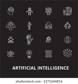 Artificial intelligence editable line icons vector set on black background. Artificial intelligence white outline illustrations, signs, symbols