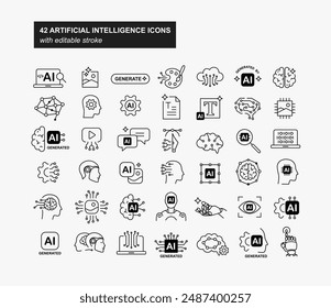 Artificial intelligence editable line icons. AI generated text, design, art, video. AI generator. Vector