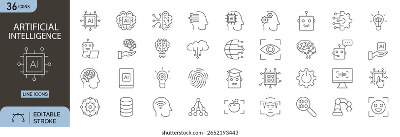 Icons für editierbare Linien der künstlichen Intelligenz. Enthält Symbole für Gehirn, neuronales Netzwerk, maschinelles Lernen, Automatisierung, Roboter, Datenanalyse und Algorithmus. Bearbeitbarer Strich. Perfekt für Infografiken.