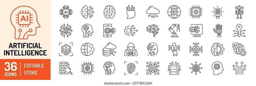 Artificial Intelligence editable stroke outline Icons set. Idea, machine learning, brain, robot, brainstorm, cpu, smart, innovation, circuit, cloud computing and cyberspace. Vector illustration