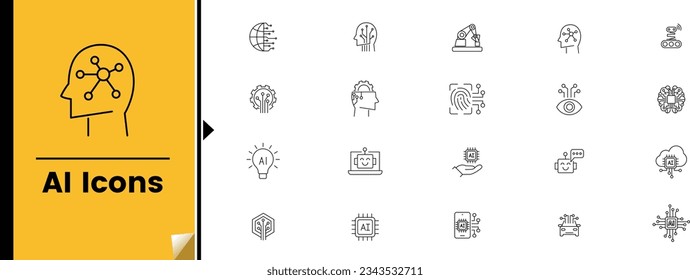 artificial intelligence editable stroke thin outline icon set with machine learning, cloud computing network and smart robotic. digital AI technology: internet, solving, algorithm, vector illustration