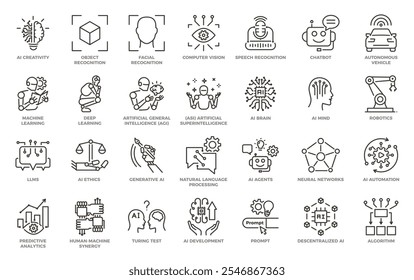 Artificial Intelligence editable thin line icons. AI technology vector graphic elements. Machine learning, autonomous and generative digital tech, algorithms.