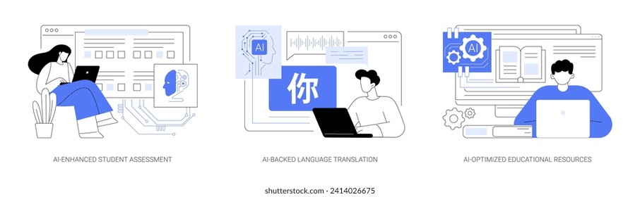 Künstliche Intelligenz in Bildung abstraktes Konzept Vektorgrafik Set. AI-Enhanced Student Assessment, AI-gestützte Sprachübersetzung, AI-optimierte Bildungs-Ressourcen, abstrakte Metapher.