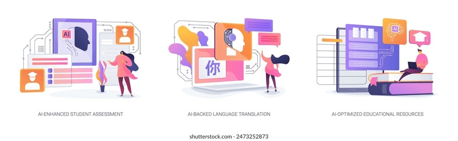 Artificial Intelligence in Education abstract concept vector illustration set. AI-Enhanced Student Assessment, AI-Backed Language Translation, AI-Optimized Educational Resources abstract metaphor.