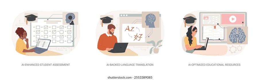 Artificial Intelligence in Education abstract concept vector illustration set. AI-Enhanced Student Assessment, AI-Backed Language Translation, AI-Optimized Educational Resources abstract metaphor.