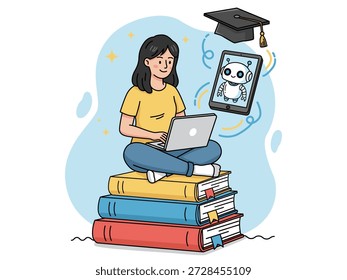 Artificial Intelligence Education Concept – Student Learning with AI Assistant Illustration