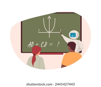 Artificial intelligence in education. Flat vector illustration showing how AI teaches children during a lesson, ideal for online learning platforms and resources.