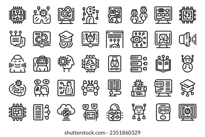 La inteligencia artificial en los iconos de la educación establece el vector de contorno. Robot digital. Realidad docente
