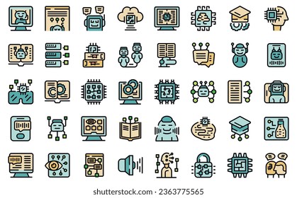 Artificial intelligence in education icons set outline vector. Robot digital. Teacher reality thin line color flat on white isolated