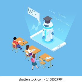 Artificial intelligence in education. Isometric vector robot teacher and students. Illustration of artificial teacher robot, intelligence technology digital