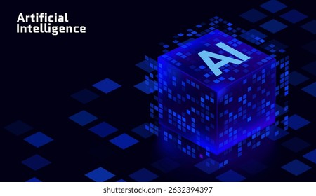 Artificial Intelligence energy blocks vector banner design shining Big Data blue neon cube high tech technology HUD element blur effect digital energy box computer engineer blockchain network