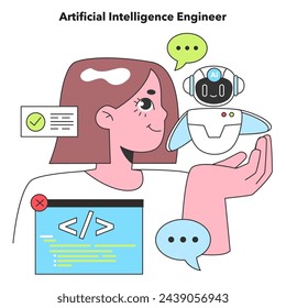 An Artificial Intelligence Engineer is engaged with an AI robot, illustrating the interaction between human innovation and machine learning technology
