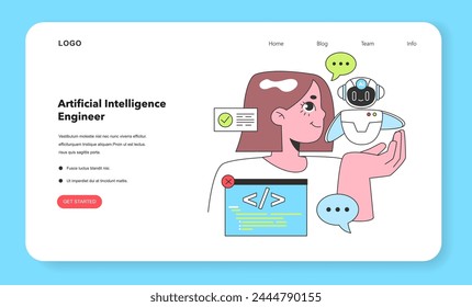 An Artificial Intelligence Engineer is engaged with an AI robot, illustrating the interaction between human innovation and machine learning technology