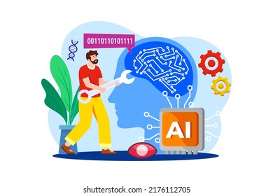 Concepto de ilustración plana del ingeniero de inteligencia artificial sobre fondo blanco