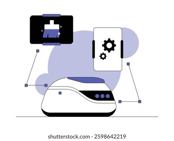 Artificial intelligence equipped cleaning robot with simple design, semi outline style, vector illustration.