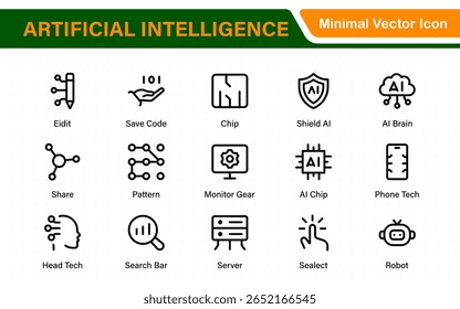 Artificial Intelligence Essentials Vector Icon Pack. Machine Learning, Algorithms, Smart Devices, and Future Tech Symbols in Outline Design.