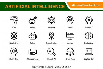 Artificial Intelligence Essentials Vector Icon Pack. Machine Learning, Algorithms, Smart Devices, and Future Tech Symbols in Outline Design.