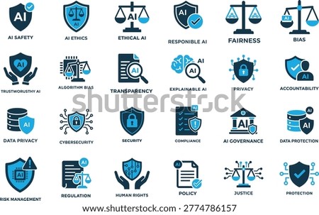 Artificial Intelligence Ethics and Governance Icons Set with Responsible AI Transparency and Compliance Vector
