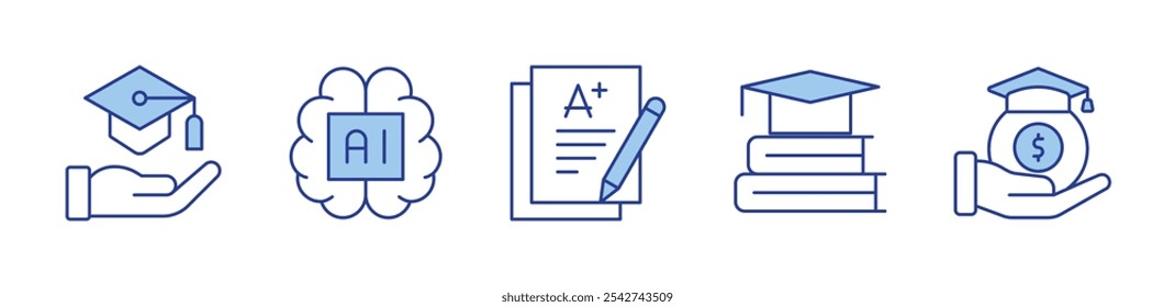 Inteligencia artificial, examen, educación, beca. Ilustración vectorial de iconos. Línea estilo Duotone. Trazo editable.