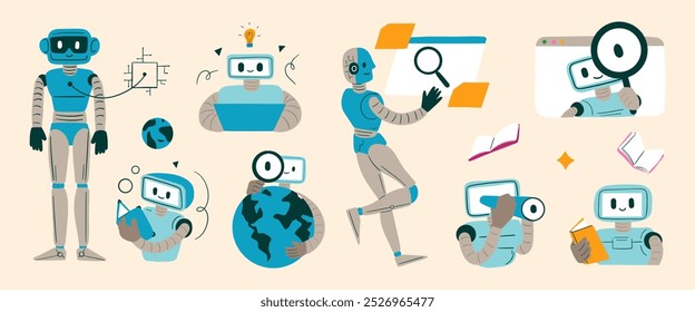 Artificial Intelligence Exploration Set. A collection of illustrations showcasing robots and artificial intelligence in action, exploring knowledge, data, and technology