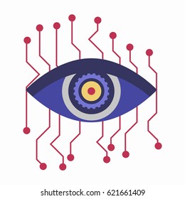 Artificial intelligence eye with connection points isolated on white