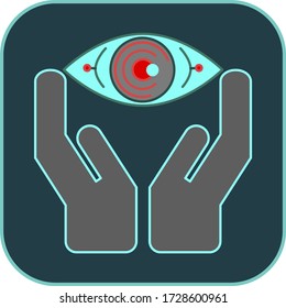 Icono de ojo de inteligencia artificial en manos humanas sobre fondo oscuro