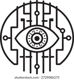 Artificial intelligence eye icon surrounded by circuit board pattern digital surveillance future technology biometric scanning machine vision symbol