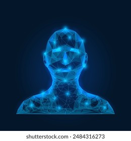 Artificial Intelligence Face and ID Scan Recognition and Authentication. Geometric Wireframe Lighting Connections for Human Face. Vector Illustration.