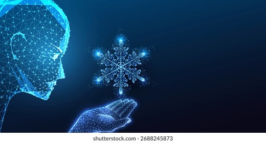 Cara de inteligencia artificial con la mano poligonal que sostiene el copo de nieve brillante. Concepto de invierno digital futurista para Navidades, imágenes tecnológicas, Anuncios y conceptos de innovación navideña. Ilustración vectorial