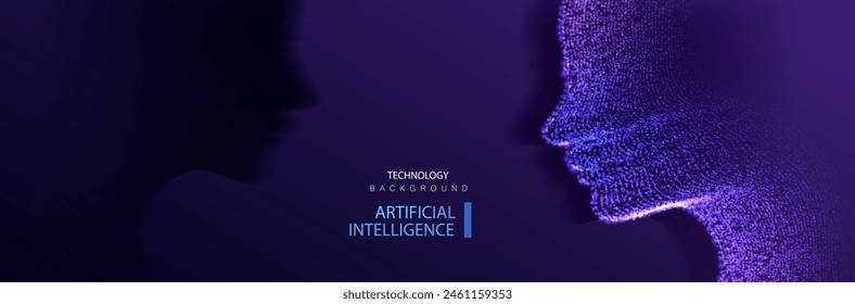 Artificial intelligence female face banner concept. Cyber women human head created in particles dots. Big data futuristic power girl vector background. Smart ai robot illustration.
