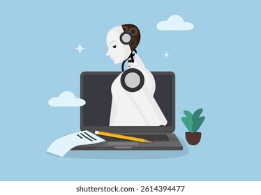 Artificial Intelligence Female Robot Appears from Laptop. Futuristic Technology and Digital Assistance Concept for Business and Communication