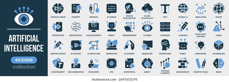 Coleção de ícones de preenchimento de inteligência artificial. Inclui IA, robótica, programação, inovação e ícones de tecnologia inteligente. Criado em estilo colorido com paleta azul