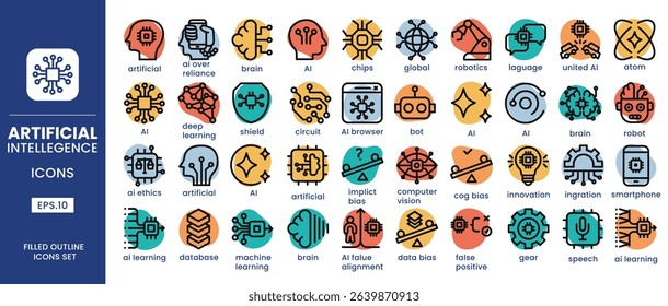Artificial Intelligence filled outline icons set. AI icons includes machine learning, AI Assistant, Virtual Intelligence, Automation Technology, AI technology, future, robots.